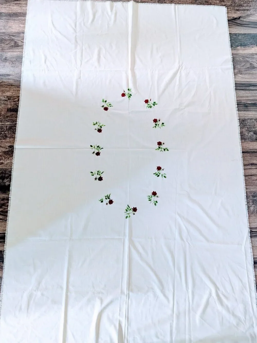 VTG Rose Cross Stitch Linen Tablecloth 84x55 Cream Fringe Cottagecore 80s